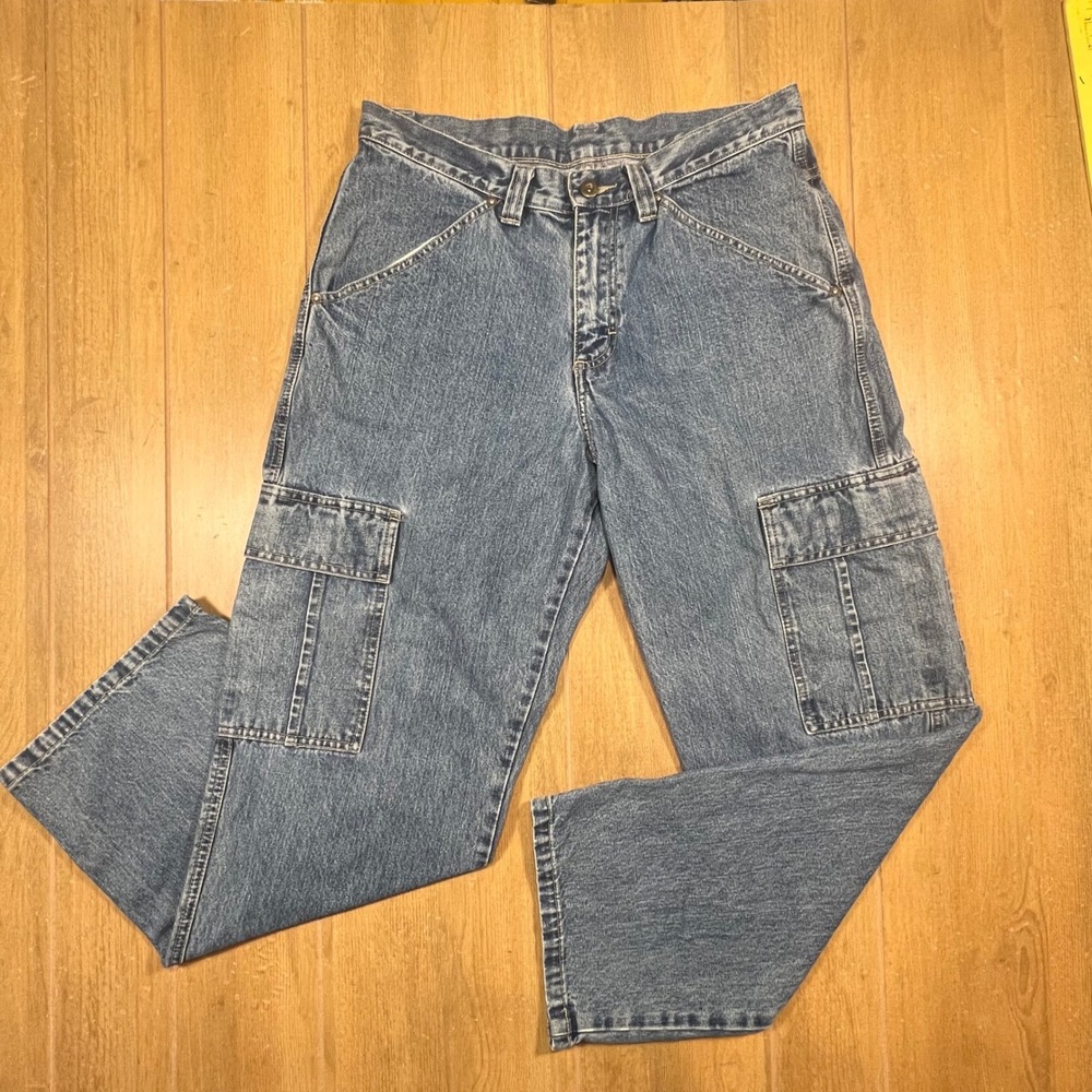 Lee Dungarees Mens 32x30 Blue Denim Cargo Jeans Straight Leg Utility Workwear